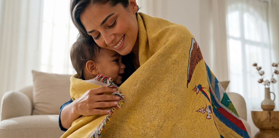 mother wrapping son into a hug with an Ecuador Blanket