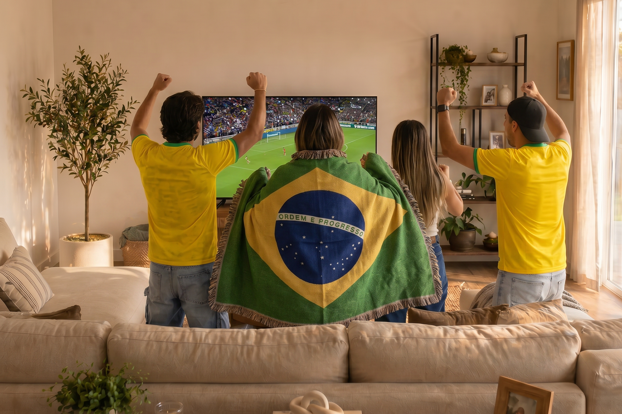 people watching brazil soccer national team playing a world cup match and cheering with a brazil flag ceibo house blanket in a living room