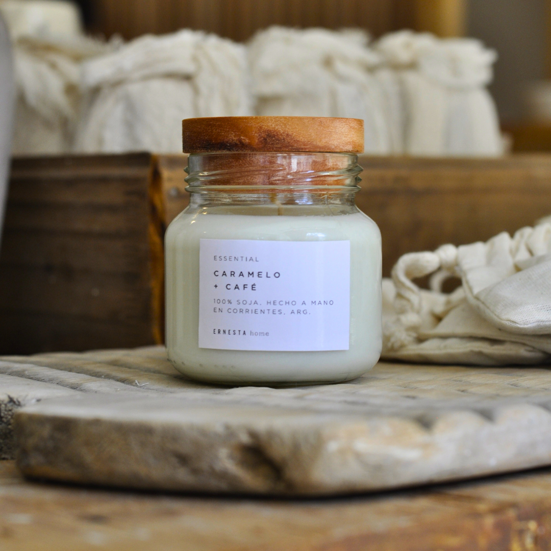 Essential Candle | Minimalist Glass Candle with Wooden Lid | 100% Soy Wax | Caramel & Coffee Scent