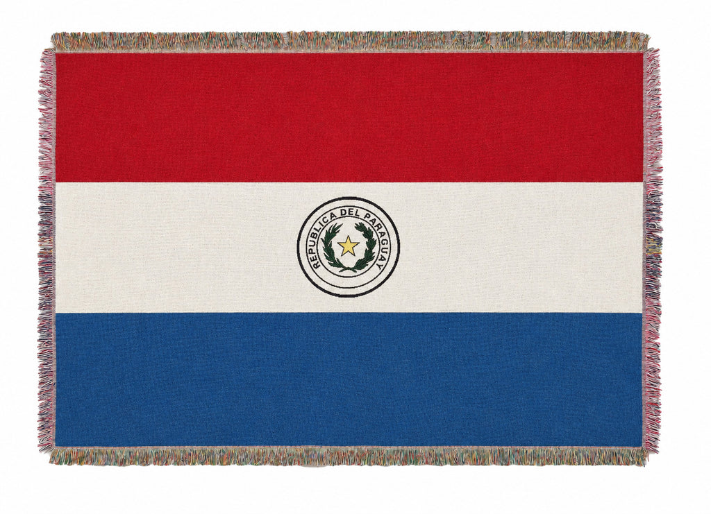 Paraguayan flag blanket with red, white, and blue stripes on a white background