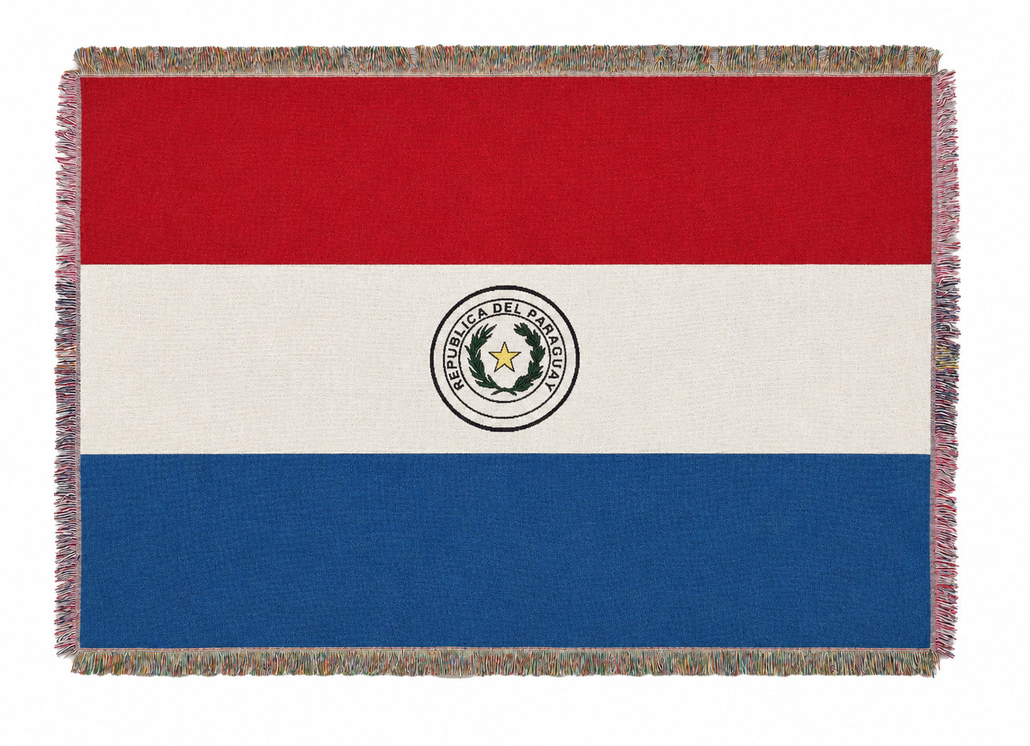 Paraguayan flag blanket with red, white, and blue stripes on a white background