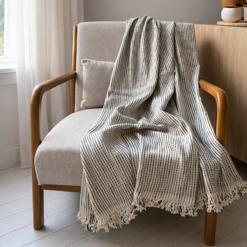 Textured Cotton Throw | Handwoven Cotton Blanket | Black & Natural Weave | Decorative Textile | 39 x 59 in