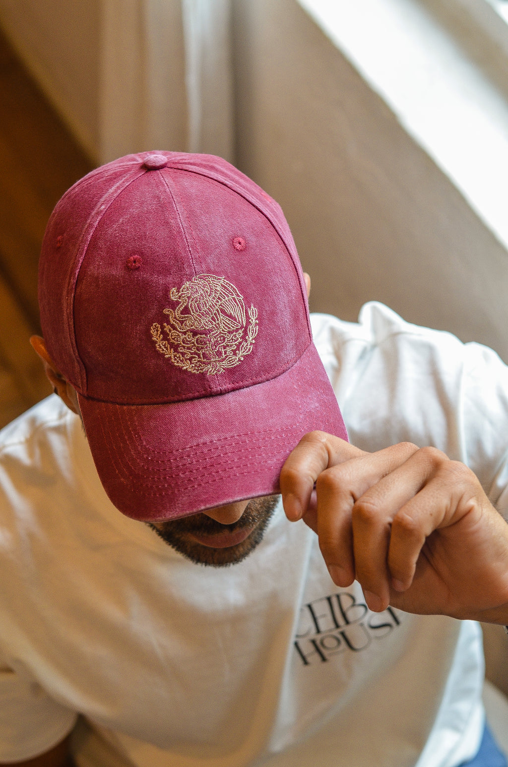 mexico washed burgundy national emblem embroidered hat
