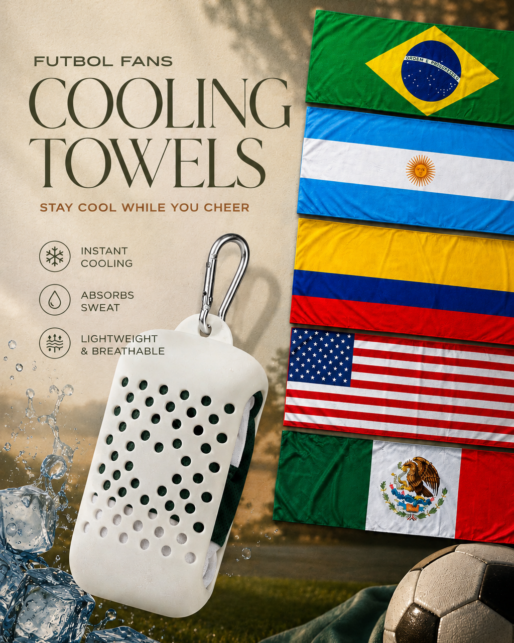 Cooling towel with carabiner, soccer ball, and flags on a grassy background