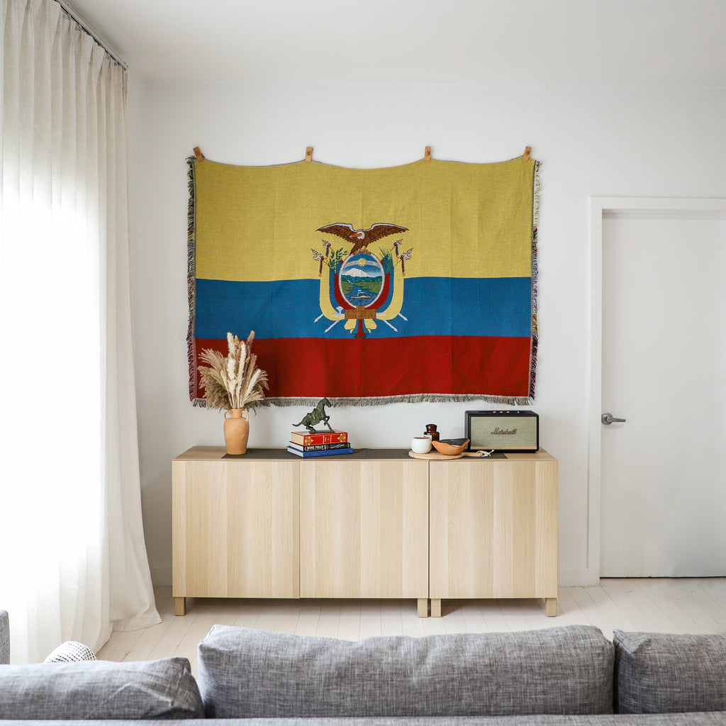 Living room with a large  Ecuador flag tapestry  hanging on the wall above a wooden cabinet.
