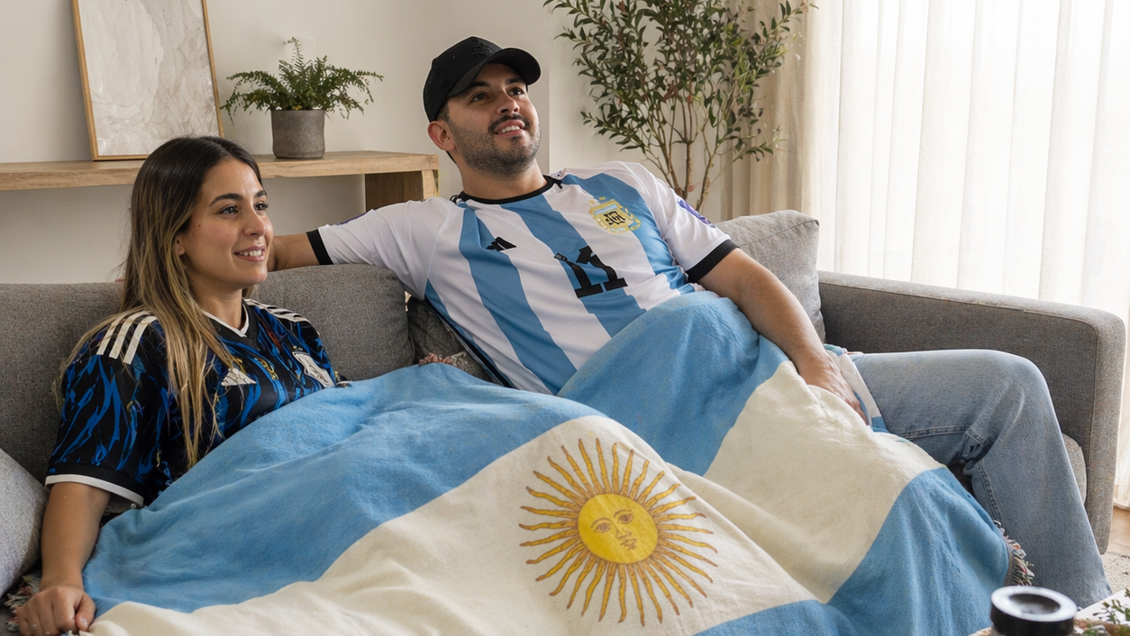 argentinian couple watching the game covered in argentina flag blanket