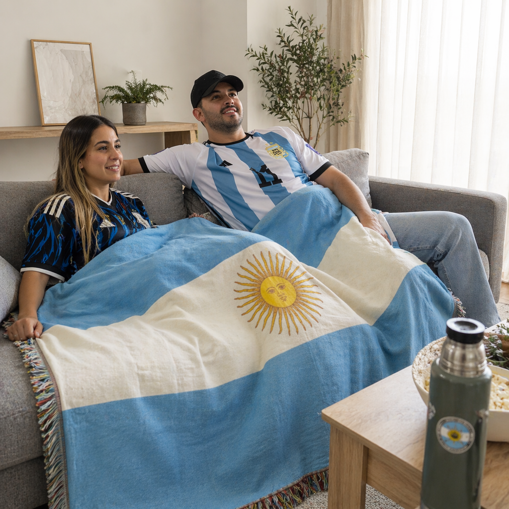 Argentinian couple watching argentina soccer match sitting in a living room with argentina woven throw blanket
