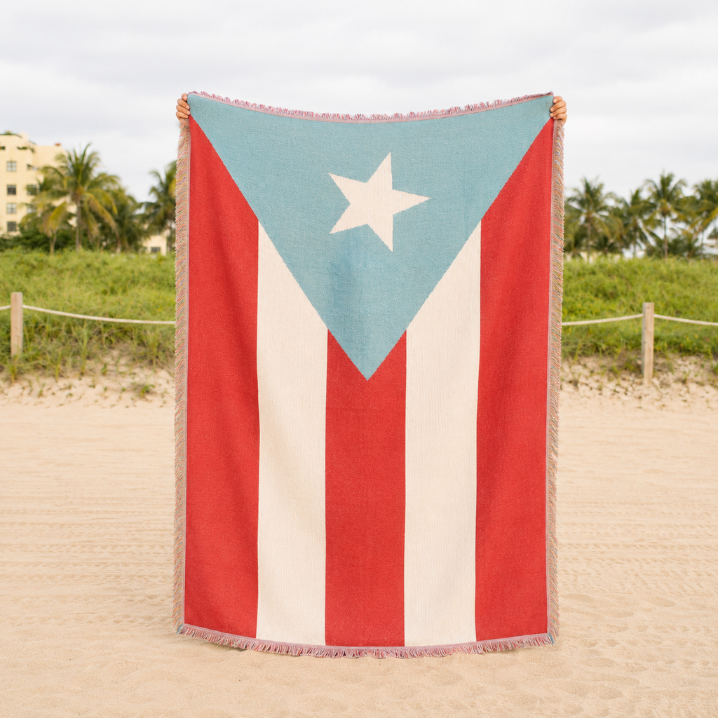 Puerto Rico Flag woven throw blanket Ceibo House at the beach