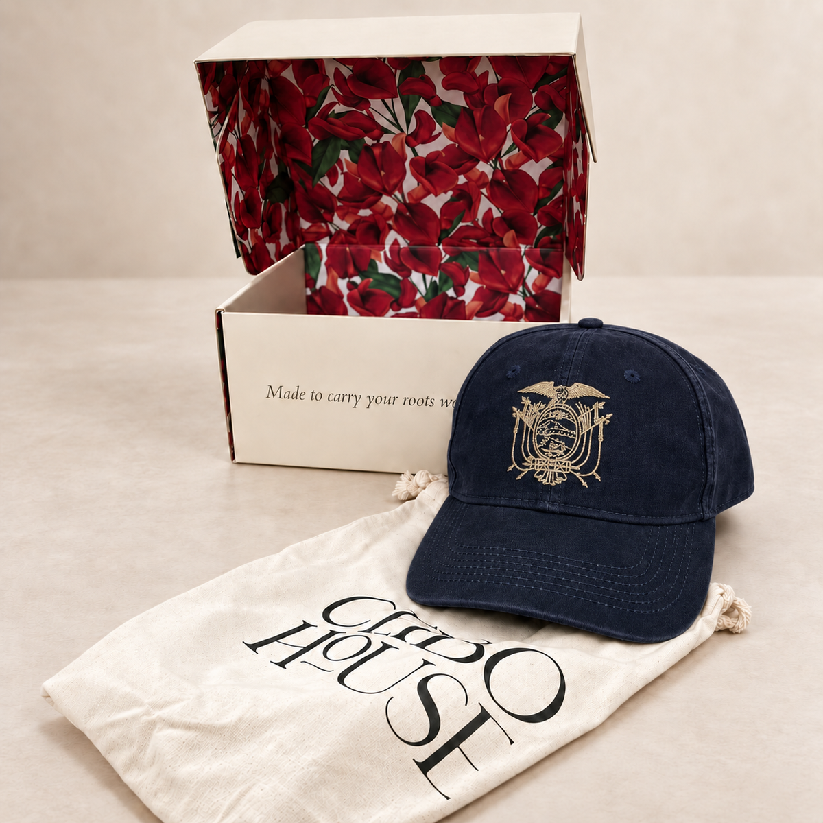Ecuador national emblem embroidered cap with Ceibo House gift box and dust bag