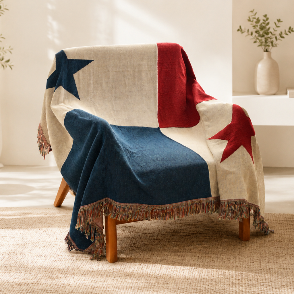 Chair draped with a colorful Panama flag blanket in a living room setting