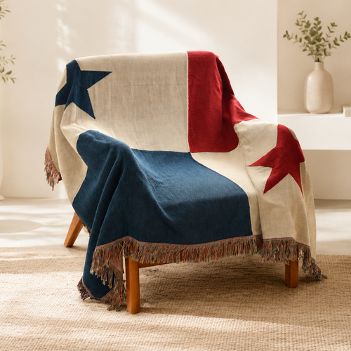 Chair draped with a colorful Panama flag blanket in a living room setting