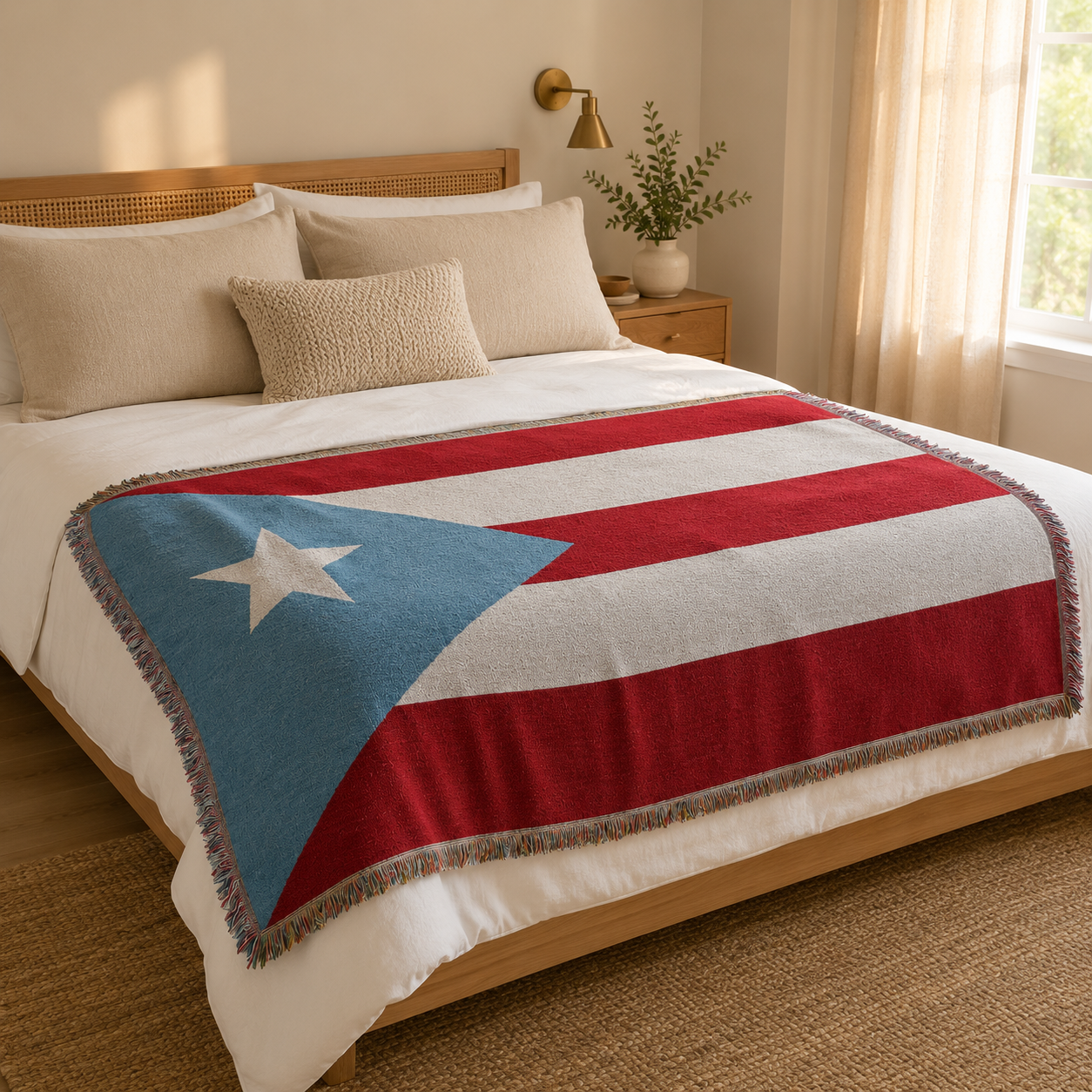 Puerto Rico woven throw blanket Ceibo House on bed