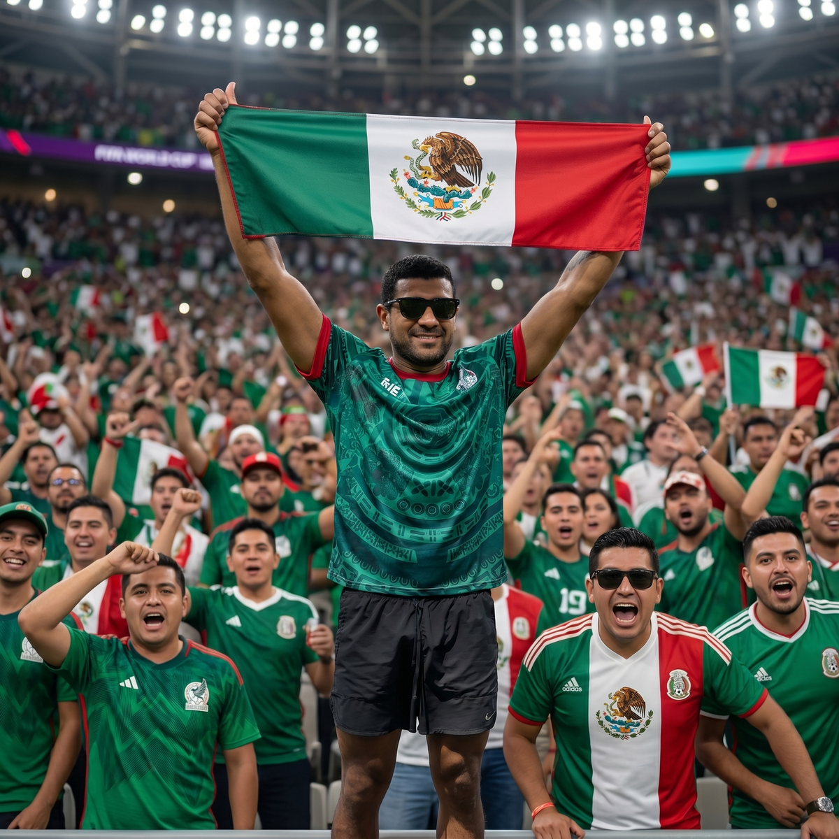 Soccer fan with the Mexico flag cooling towel at a stadium