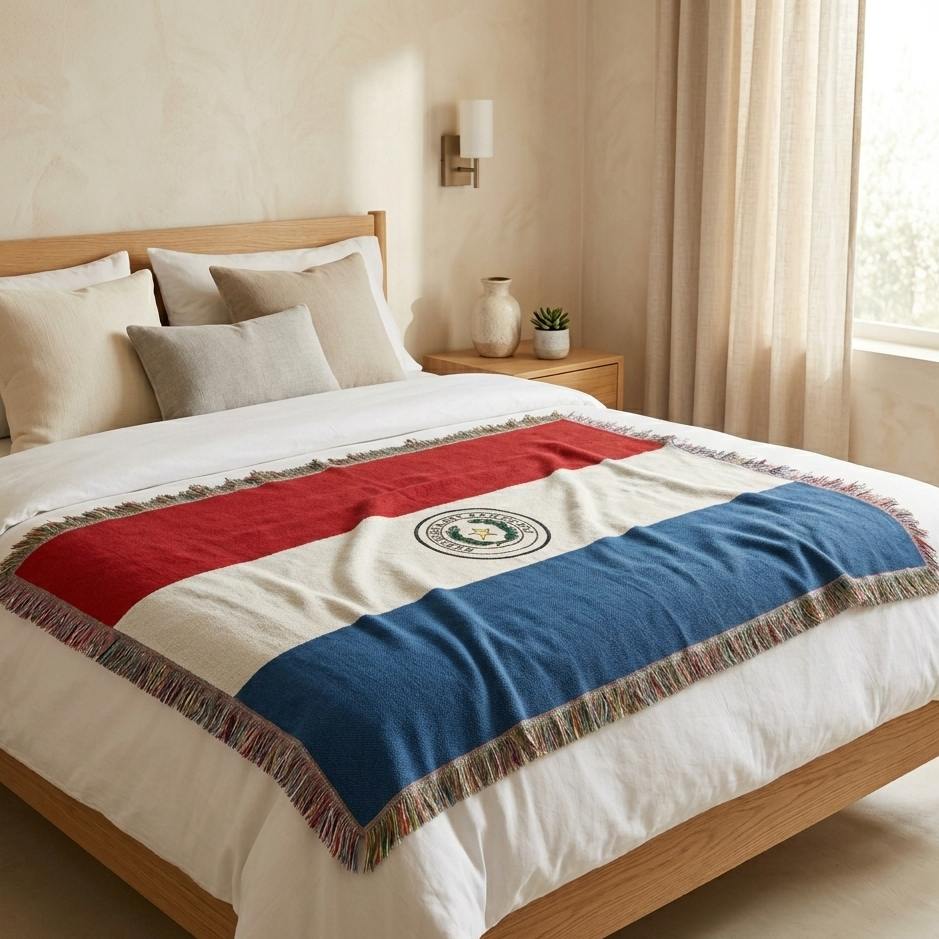 Bed with a decorative blanket featuring a Paraguay flag design in a bedroom setting.